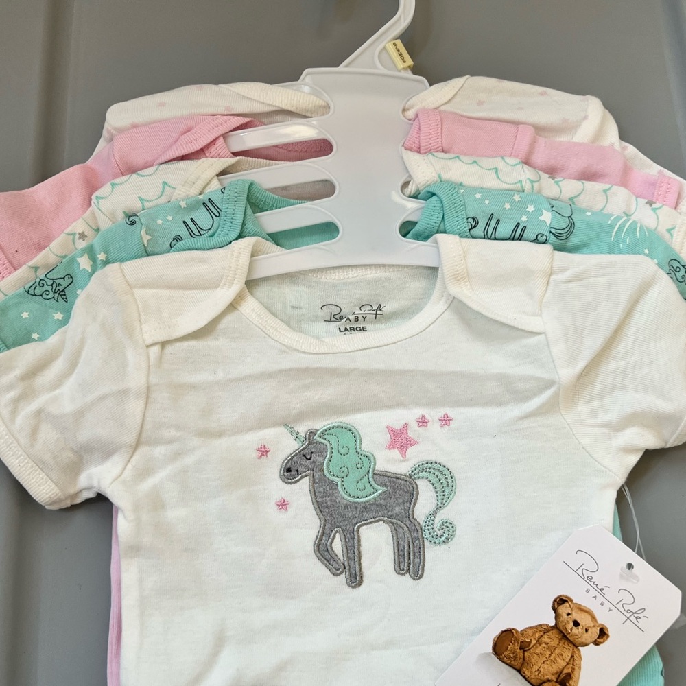 6-9m Rene Rofe Baby Onesies shirt Set of 5 pastel pink aqua unicorn  100% cotton